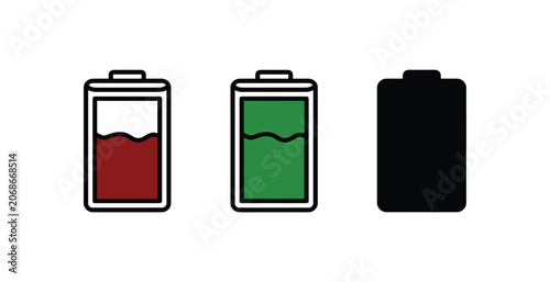 Battery icon vector set displaying charging status levels
