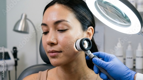 Woman getting facial skin examination with magnifying lamp