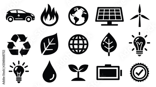 Sustainability icon collection featuring green energy
