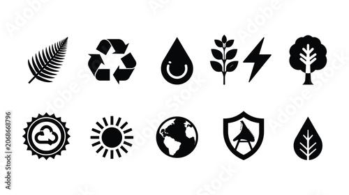 Sustainability icon collection displaying eco friendly motifs