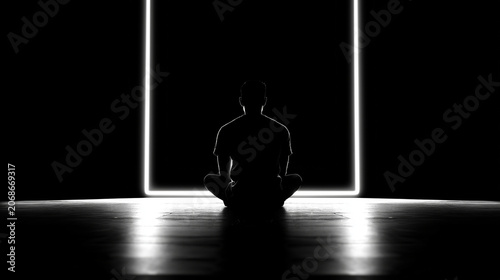 Silhouette of man meditating in lotus position in dark room inside glowing neon square frame with copy space