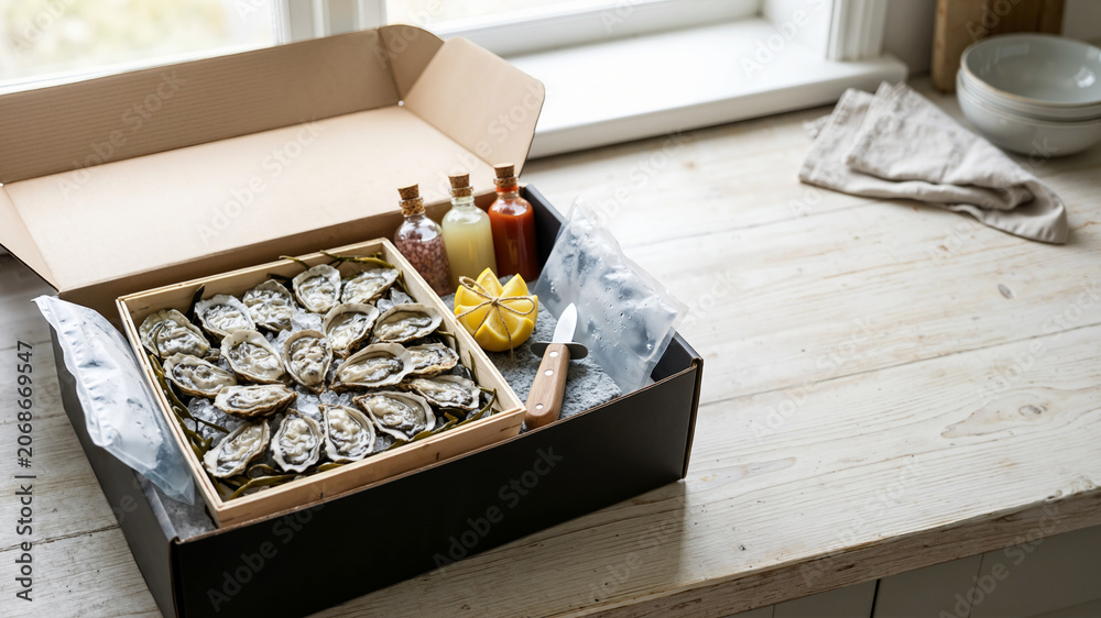 Fototapeta premium Fresh oyster delivery box with sauces and knife on a wooden table. Gourmet seafood meal kit packaging. Copy space for text