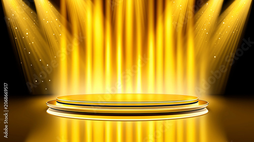 Empty golden stage podium with bright spotlight rays and sparkling light effects background