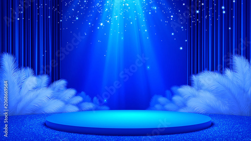 Empty round stage podium with blue spotlight rays and copyspace for product display