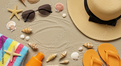 Beach Essentials: Sun Hat, Sunglasses, Seashells, and Sand Composition.