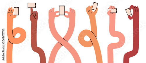 Bild auf Leinwand Flat vector illustration of diverse multiethnic hands holding smartphones