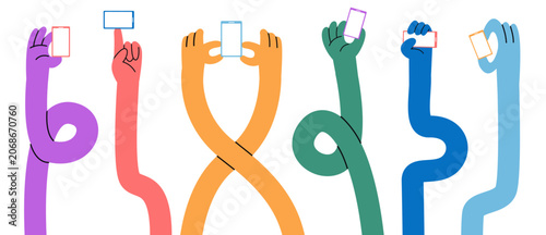 Foto Colorful retro vector illustration of diverse vibrant hands holding smartphones
