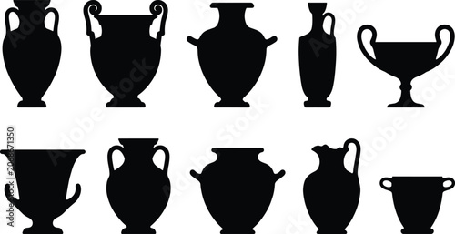 Ancient greek amphora and vase silhouettes collection isolated on white background vector illustration