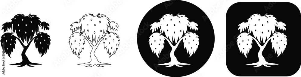 Fototapeta premium Four variations of a fruit tree including black silhouette, outline, and circular or square button formats