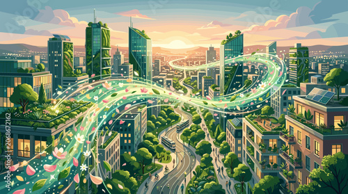 Futuristic eco city featuring vertical gardens, solar panels, and glowing floral streams. An idealistic sustainable urban landscape symbolizing green energy and nature integration.