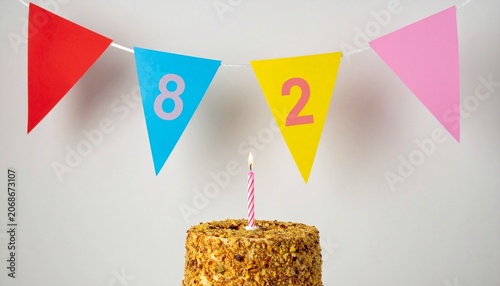Festive Flag Garland and Cake with Number 82 for Birthday and Anniversary Party