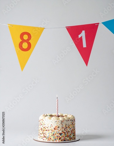 Festive Flag Garland and Cake with Number 81 for Birthday and Anniversary Party