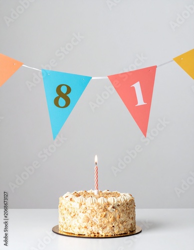 Festive Flag Garland and Cake with Number 81 for Birthday and Anniversary Party