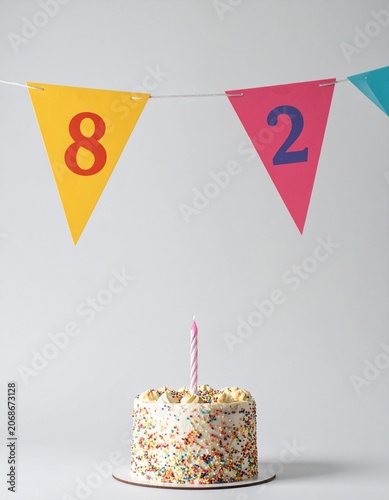 Festive Flag Garland and Cake with Number 82 for Birthday and Anniversary Party