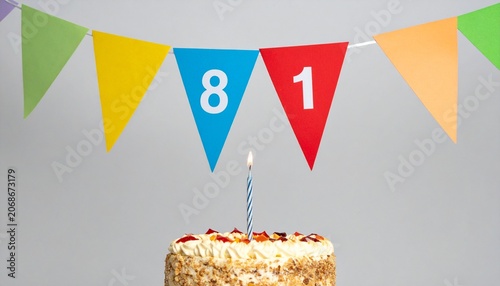 Festive Flag Garland and Cake with Number 81 for Birthday and Anniversary Party
