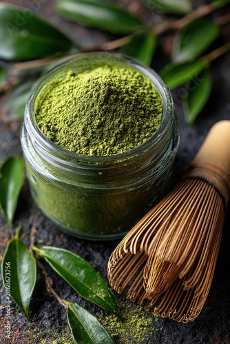 Matcha Powder and Whisk: A small glass jar filled with vibrant green matcha powder sits beside a traditional bamboo whisk, surrounded by fresh green leaves on a dark, textured surface.