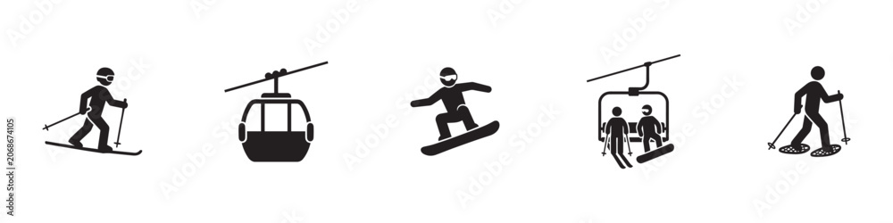 Fototapeta premium Ski resort and winter sports icon set. Skiing, snowboarding, cable car and trekking symbols. Vector illustration.