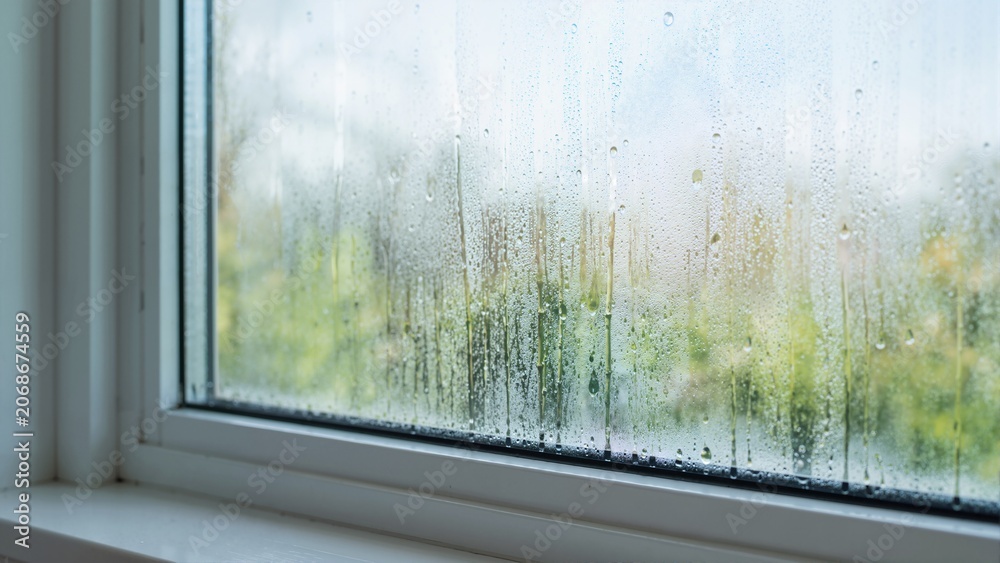 Naklejka premium Close up of condensation on a white framed window interior. Water drops dripping down the glass with blurred green nature background. Moisture and humidity concept