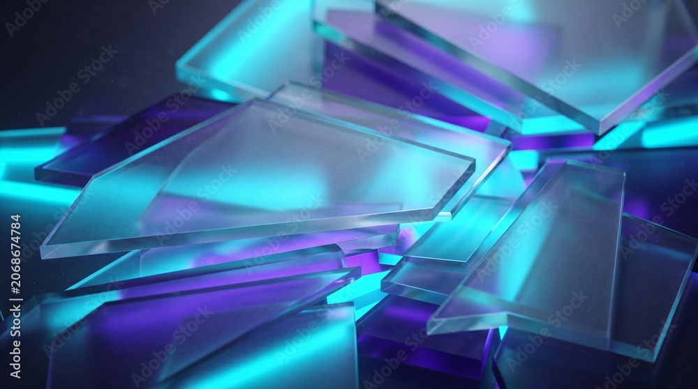 Fototapeta premium Abstract broken glass shards reflecting neon blue and purple light with abstract