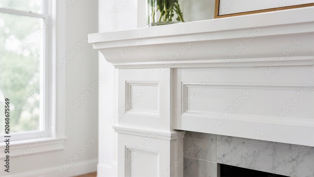 Naklejka premium Close up of classic white painted fireplace trim molding. Elegant architectural woodwork details with marble tile surround in a bright living room. Home interior design