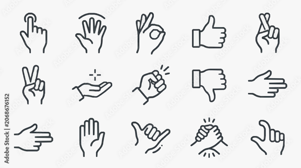 Fototapeta premium Elegant Black and White Hand Gesture Icons Set for Digital Communication and Social Media Use with high quality professional line art symbols for modern creative design and digital branding projects