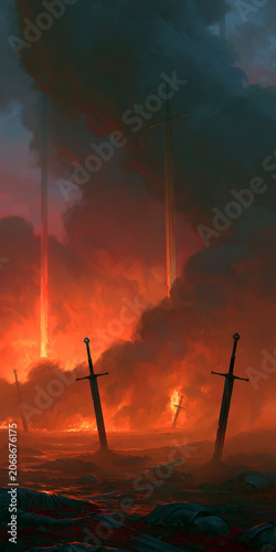 Fantasy Medieval Swords Thrust into Fiery Battlefield with Dark Dramatic Sky