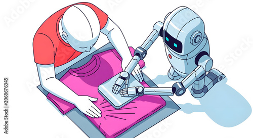 Artificial intelligence robot and human collaborating on textile print
