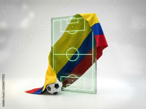 Glass soccer field with neon markings draped in the colombian flag and a soccer ball