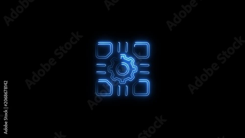 Glowing blue gear animation technology background with neon light on black gear neon light