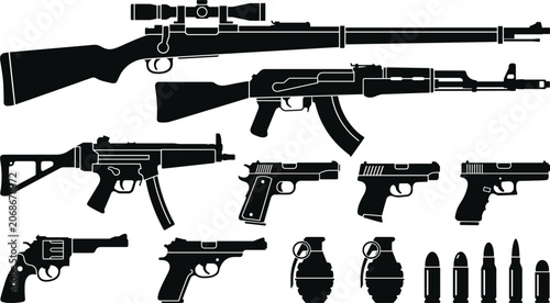 Military Weapons and Firearms Silhouette Icon Set with Rifles Pistols Ammunition and Grenades