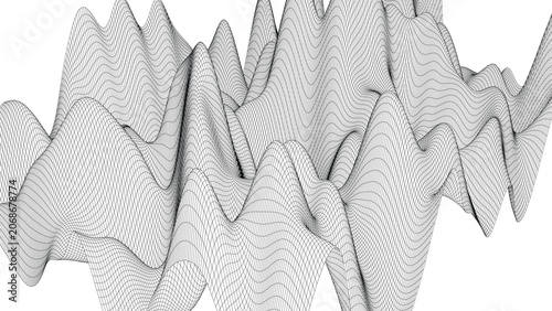 Monochrome Wireframe Terrain Background with Abstract Elevation Waves.
