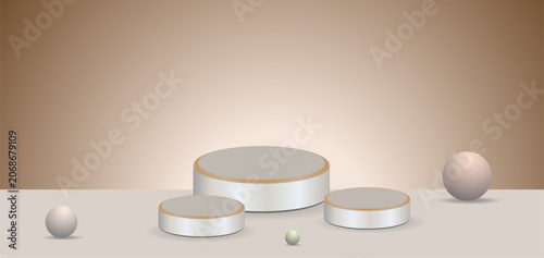 3D-rendered minimalist podium set with golden strip accents on a beige background.