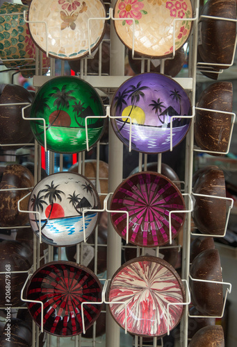 Hand-painted coconut shell bowls, traditional tropical souvenir art