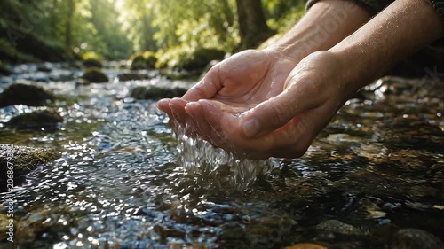 Hands cupping water from clear stream forest river mossy stones sunlight cleansing nature wellness moment of calm and refreshing outdoor tranquility