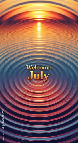 Vibrant July celebration with glowing welcome text and firework effects.