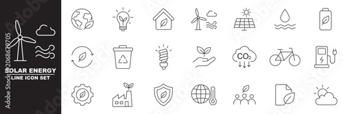 Photos Ecology and global climate change outline icon set with solar panel wind turbine recycling earth globe weather