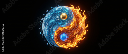 A dynamic yin-yang symbol created by intertwining water and fire elements, representing balance and harmony in opposing forces.