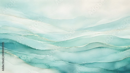 Abstract watercolor background with flowing teal and blue waves and gold accents