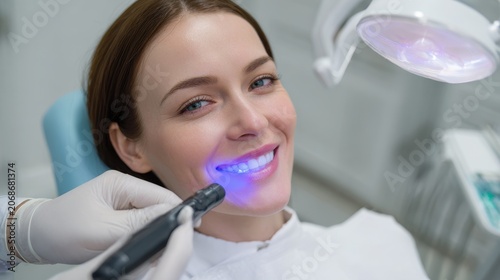 Close-up of a dentist using a curing light during a tooth filling in a modern dental clinic with a calm young patient in the chair