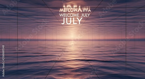 Sunset over calm water with welcome message on pier.