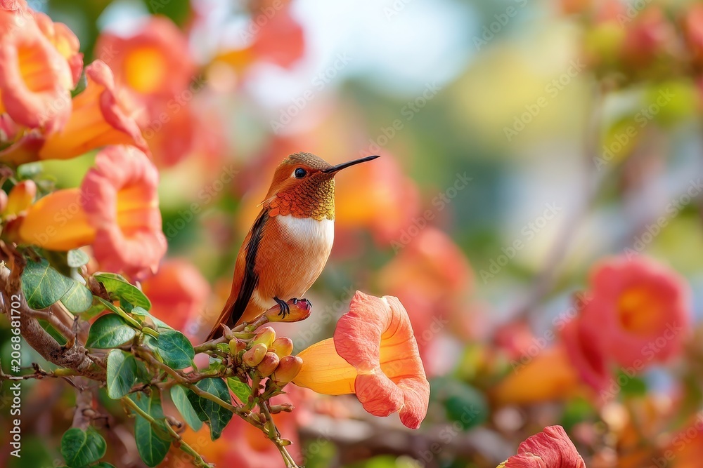 Obraz premium Close-up of a small hummingbird sipping nectar from trumpet vine blossoms on a hot day