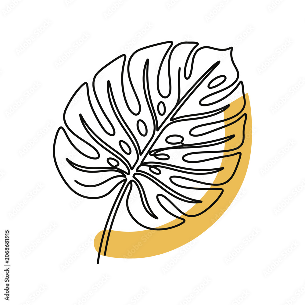 Naklejka premium モンステラの葉を描いたミニマルな線画と抽象的な黄色の背景デザイン.