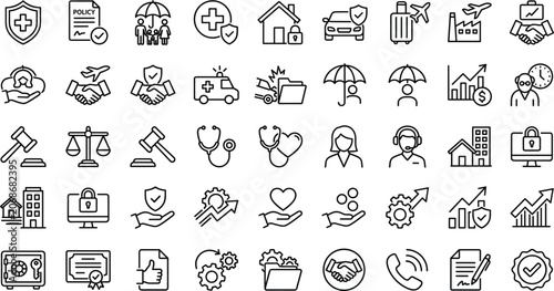 Foto Insurance policy and financial risk management thin line icon set featuring health coverage medical protection car accident legal law justice safety contract agreements vector illustrations