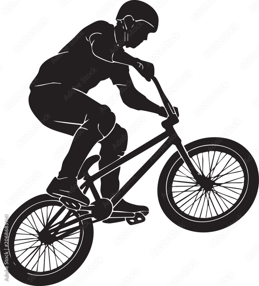 Naklejka premium Cyclist Performing Trick on Mountain Bike Silhouette Against White Background, Generative Ai