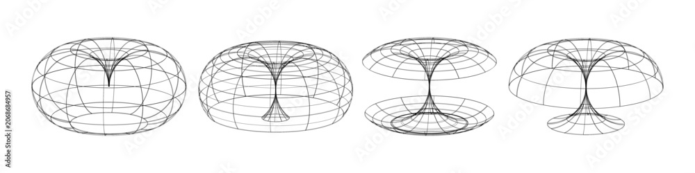 Obraz premium Set of 3D wireframe geometric transformations from torus-like to hourglass forms, abstract mathematical illustration for physics, topology, and design projects, y2k style