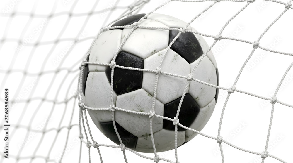 Naklejka premium Soccer ball in goal net, football in mesh, black and white ball, goal scored