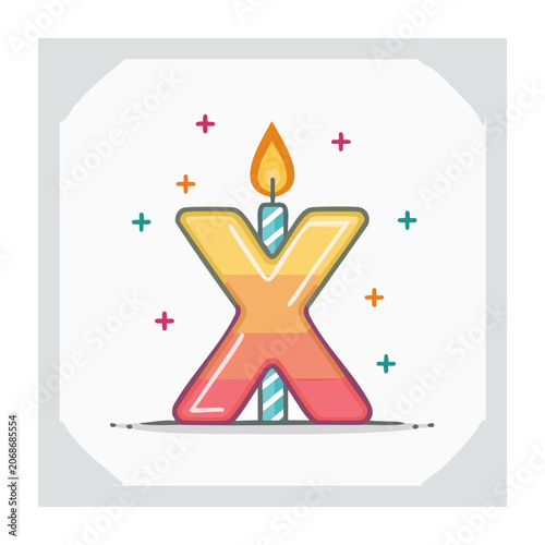 Colorful Letter X with Lit Birthday Candle Illustration