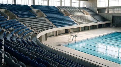 Indoor swimming pool, empty stadium seating, aquatic facility, sports arena