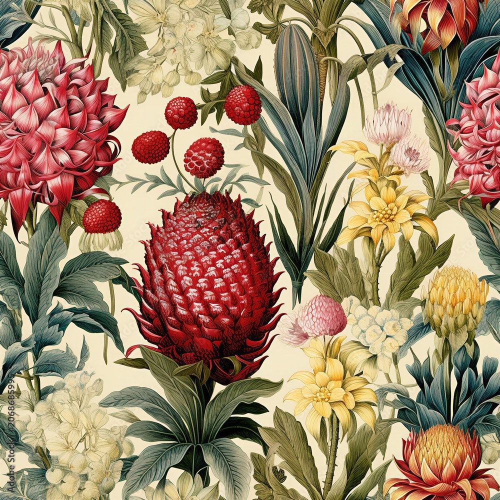 Obraz premium Colorful botanical illustration featuring pineapple seamless pattern 