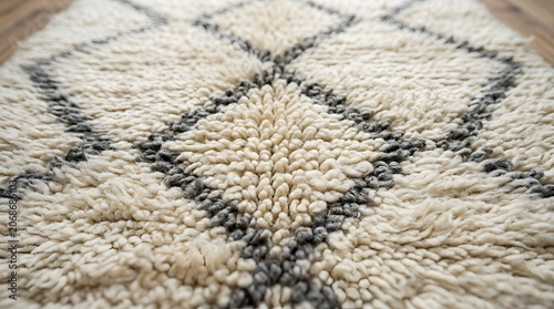 Macro close-up of hand-knotted Berber wool carpet with abstract diamond motifs in natural undyed colors, Moroccan craft
